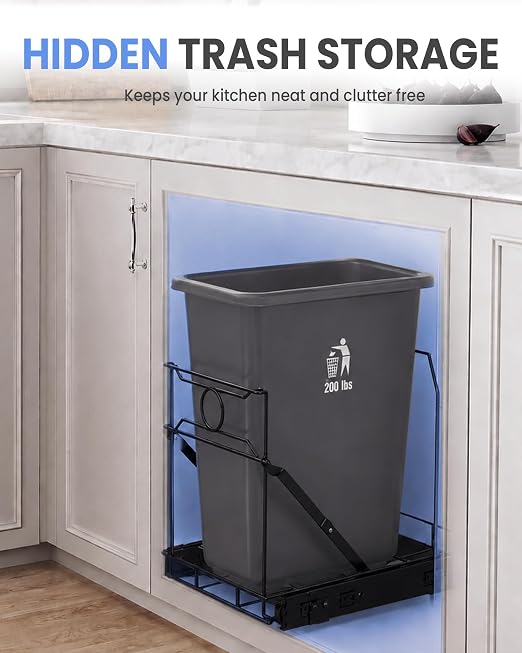 Pull Out Trash Can Cabinet Organizer, Stainless Steel Trash Can Slider for Kitchen Cabinet, Under Sink Slide Out Trash Can Rack for 7-11 Gallon Bins, Black, Bin Not Included