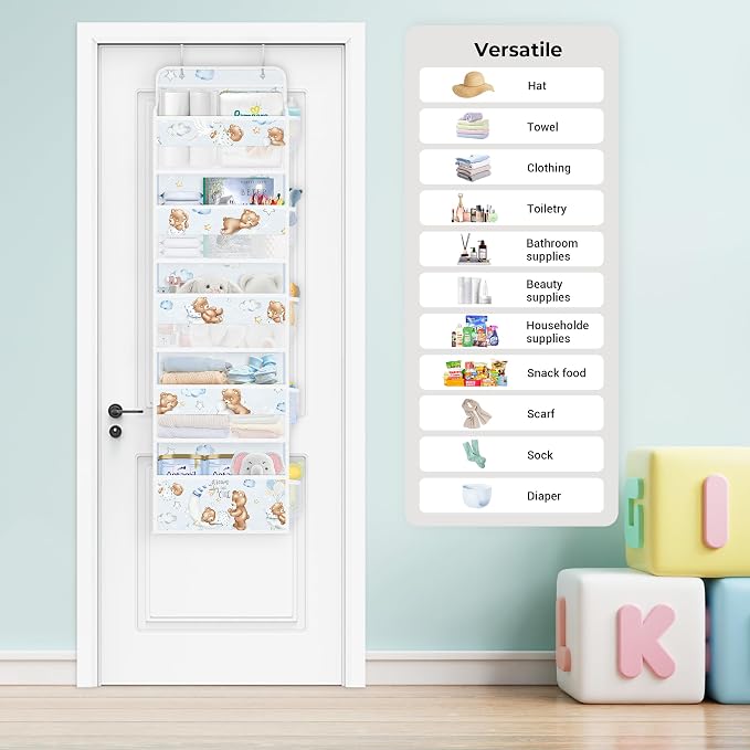 Clastyle Slepping Bear Over The Door Organizer Star Nursery Hanging Storage Organizer for Kids Clothes Diaper Toy Closet Door Hanging Shelf Storage for Bedroom Bathroom Pantry, Blue Balloon