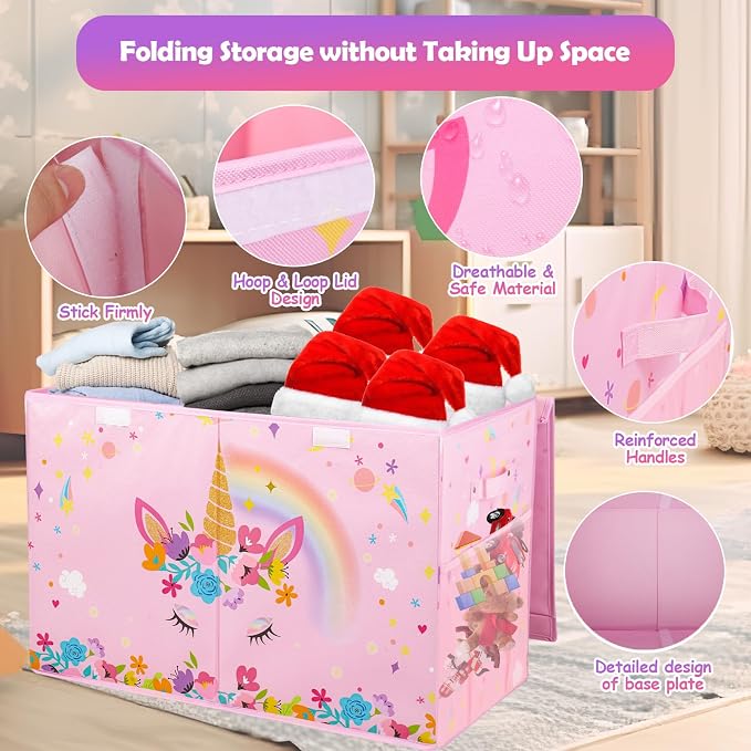 Mabahoo Large Toy Box, Collapsible Sturdy Kids Storage Organizer for Boys Girls, 25"x13"x16" Storage Box with Lids, Toy Chest Bins Basket for Living Room, Playroom, Nursery, Pink