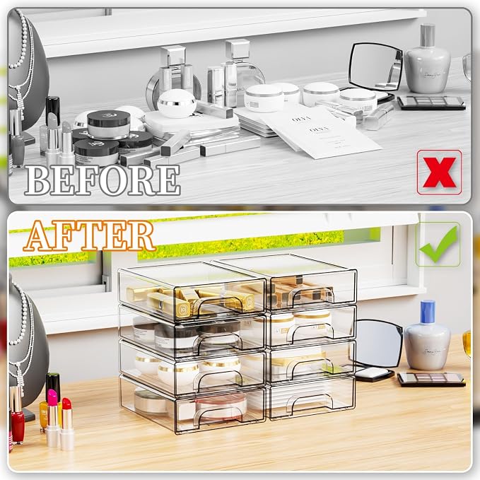 Yieach 2.2'' Tall Acrylic Clear Stackable Storage Drawer Organizer,8 Pack Desk Organization and Storage,Plastic Office Supply Organizer,Drawer Storage Organizer for Makeup,Accessory,Pen,Art Crafts