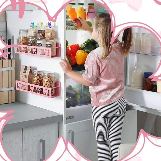 Beeveer 2 Pack Sweet Bow Magnetic Spice Rack for Refrigerator Metal Magnet Basket Shelf for Fridge Seasoning Storage Organizers Home Decor Kitchen Accessories (Pink)