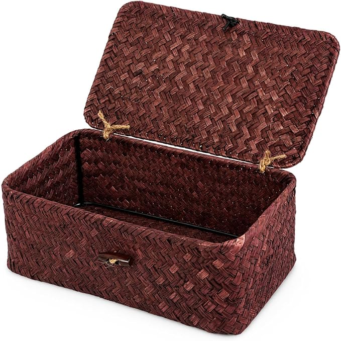Wicker Basket with Lid, Natural Seagrass Storage Baskets for Organizing, Woven Basket for Storage, Decorative Boxes Bins with Lids Home Organizer Decor (Red, 9.05" x 5.11" x 3.34")
