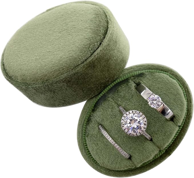 Velvet Oval Ring Box 3 Slots - Premium Wedding Three Rings Box Vintage Handmade Storage Jewelry Organizer for Proposal, Engagement, Wedding Ceremony, Christmas (Olive Green)
