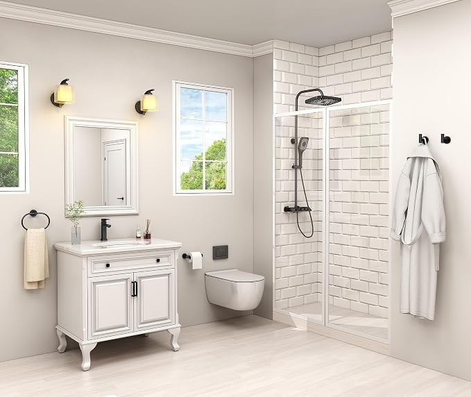 Bathroom Hardware Set 4-Piece Matte Black, Angle Simple Stainless Steel Bathroom Accessories with Towel Hook x 2, Toilet Paper Holder and Rotary Towel Ring, Wall Mount