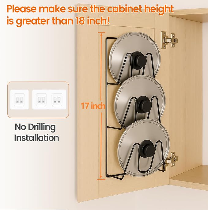 2 Pack Pot Lid Organizer Rack, 6-Tier Rustproof Pot Lids Organizer for Cabinet Door, No Drilling Pan Lid Organizers Door/Wall Mounted Pot Lid Holders for Kitchen Storage