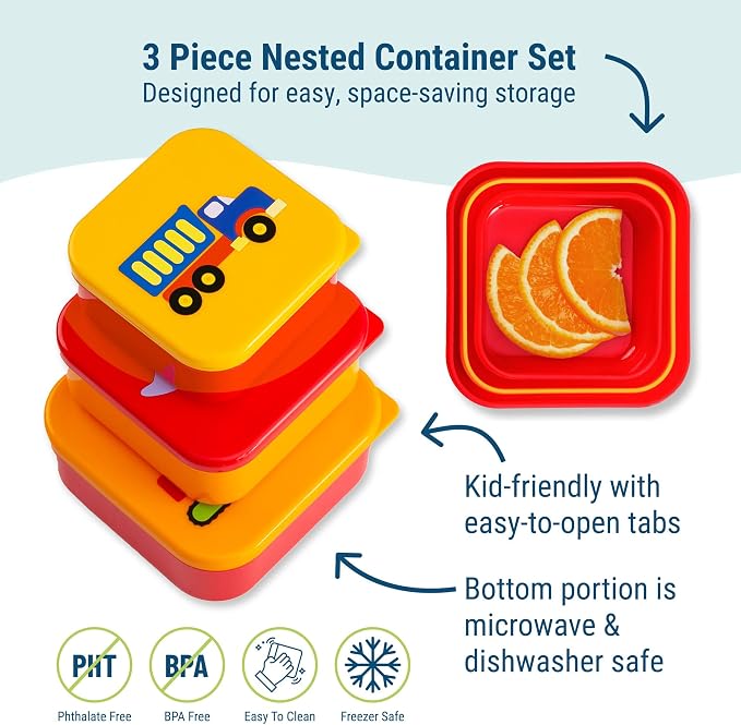 Wildkin Set of 3 Kids Nesting Food Containers for Boys – Stackable, Airtight & BPA-Free Snack Containers, Dishwasher Safe Lunch Box Containers for School & Travel, Ages 3–12 – Under Construction