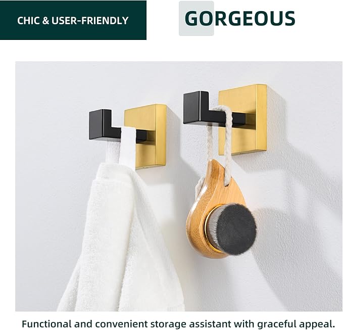 Angle Simple Towel Hook Black & Gold 2 Pack, 304 Stainless Steel Coat Hook, Robe Hook Bathroom
