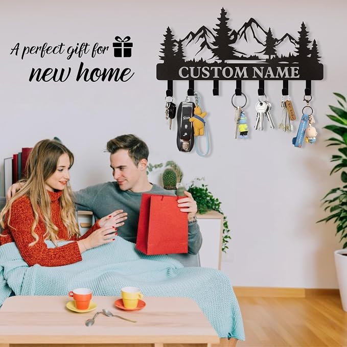Dyoart Personalized Custom Mountain Theme Key Holder with Name, Metal Wall Mount, Coat Rack, Key Hooks, Home Decor Gift
