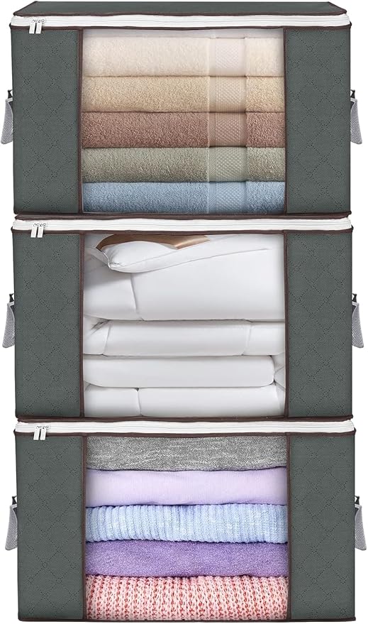 90L Large Storage Bags, 3 Pack Clothes Storage Bins Closet Organizers | Foldable Storage Containers, with Reinforced Handle, for Clothing, Blanket, Comforters, Bed Sheets, Pillows and Toys,Gray