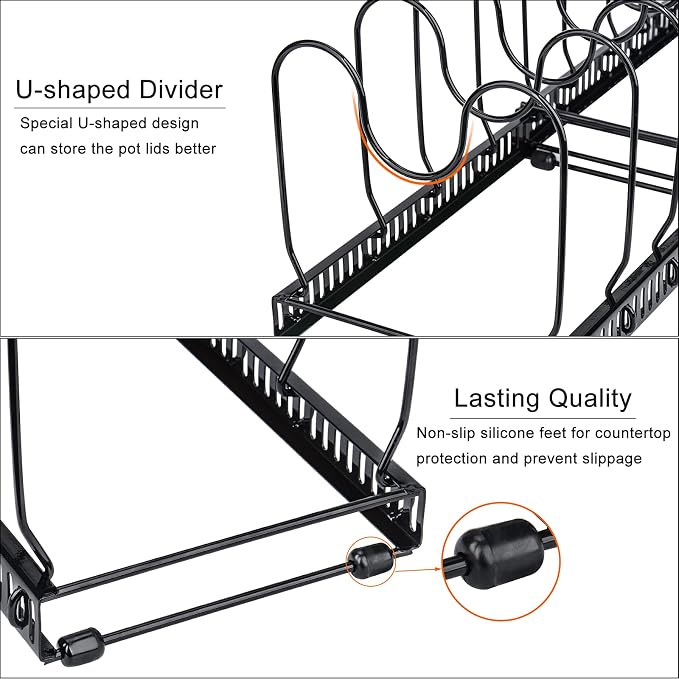 Toplife Pots and Pans Organizer Rack for Cabinet and Countertop, 10+ Pot Lids, Bakeware and Cookware Holder with 10 Adjustable Compartments - Black