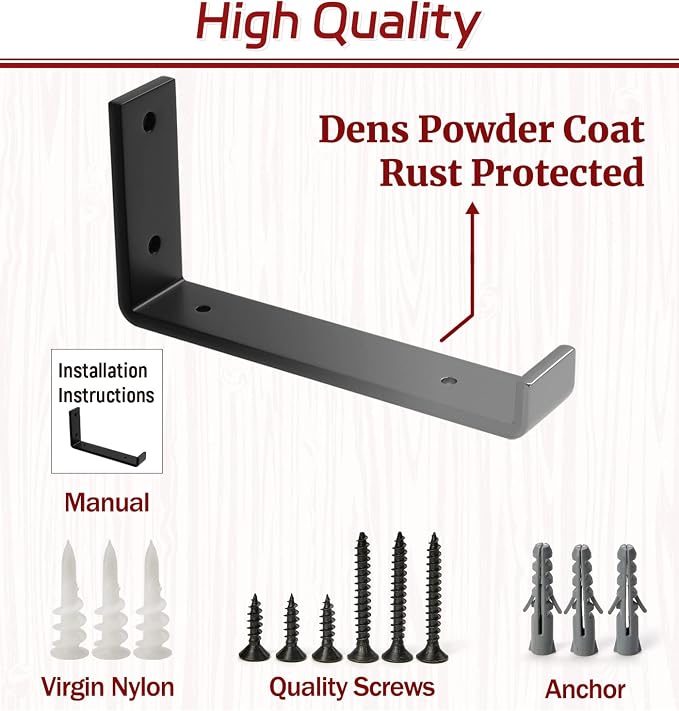 8-Pack - 7.25" L x 4" H x 1.5" W Shelf Bracket, 1/5” Thick Iron Metal Wall Rustic Industrial J Lip Floating Shelf Bracket