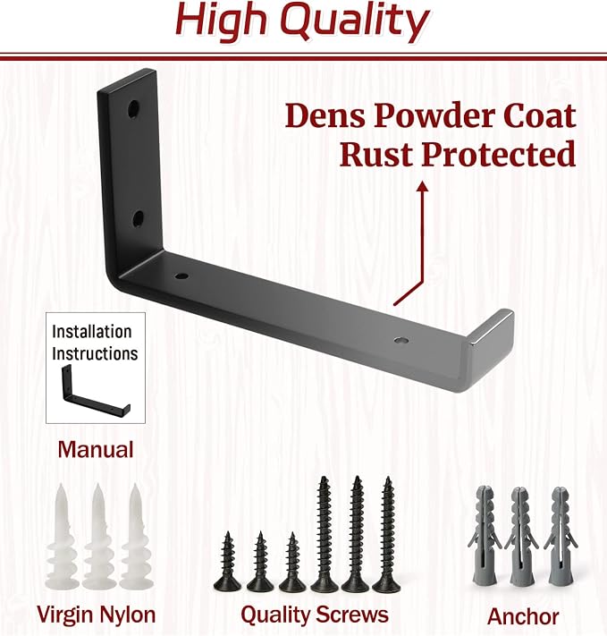 8-Pack - 11.25" L x 6" H x 1.5" W Shelf Bracket, 1/5” Thick Iron Metal Wall Rustic Industrial J Lip Floating Shelf Bracket