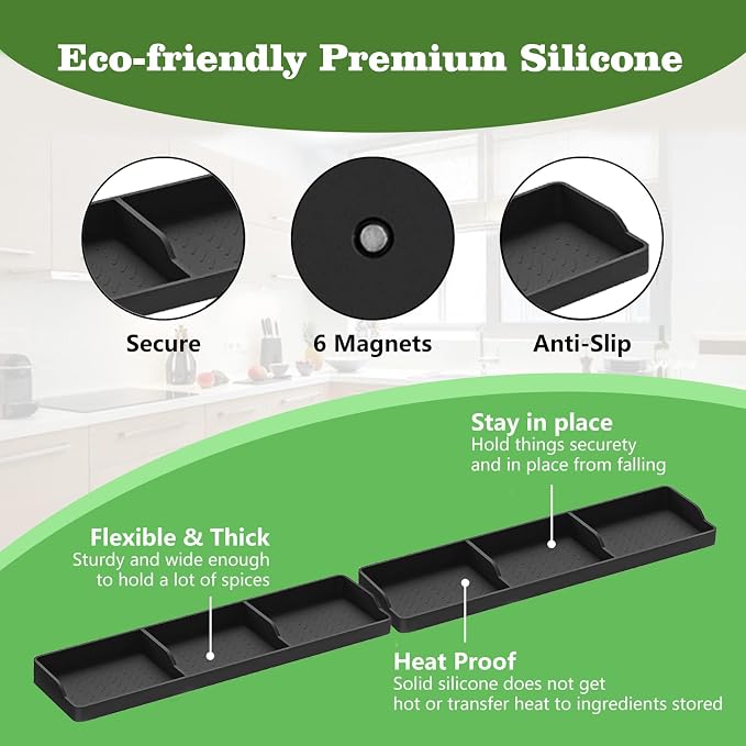 30 Inch Silicone Stove Top Shelf Magnetic for Kitchen, Strong Magnetic Heat Resistant Spice Rack Organizer for Over Stove Oven (Black-two part)