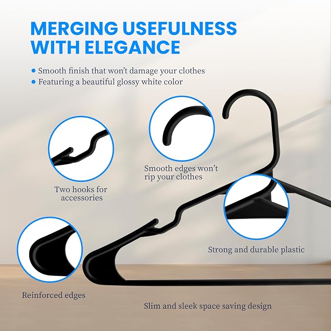 Simple Deluxe 30 Pack Plastic Hangers, Durable Clothes Hangers, Lightweight and Space-Saving Hangers for Shirts, Dresses, Coats, Pants, Black