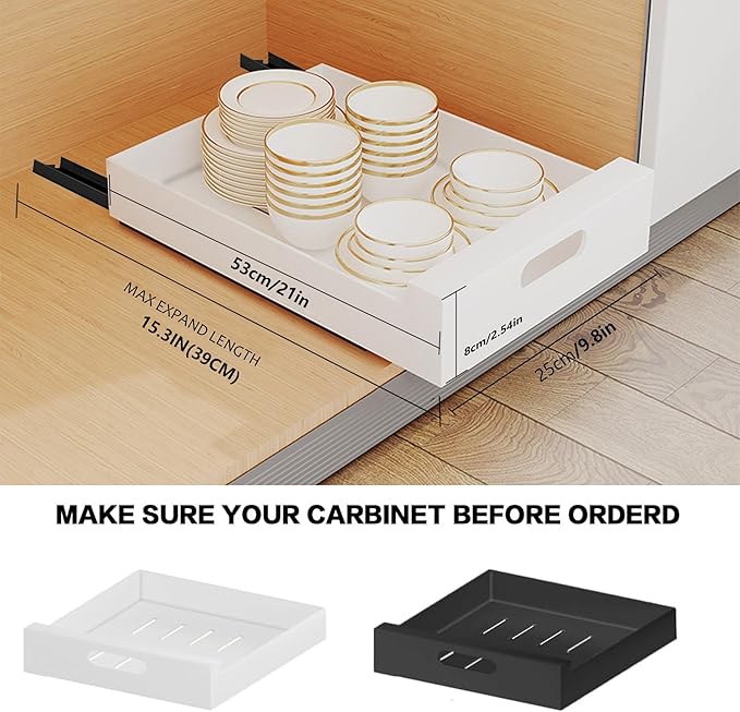 bealy 21'' Deep Pull Out Cabinet Organizer Adhesive, 10'' Wide Roll Out Cabinet Drawers for Face Frame or Frameless Cabinets, Sturdy Carbon Steel Kitchen Organizer Shelf for Pantry, Kitchen, Bathroom