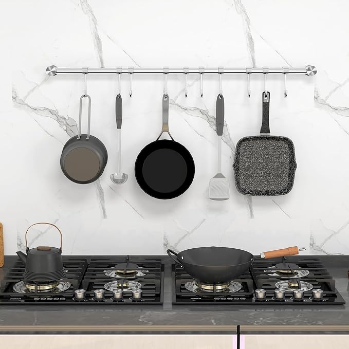Audmore Kitchen Utensil Rack 2 PCS, 20.9” Pot & Pan Hanging Rack Wall Mount | 304 Stainless Steel Lid Cooking Utensil Hanger, 10 Sliding Hooks for Spatula Spoon, Measuring Cups, Coffee Mug, Space Saving