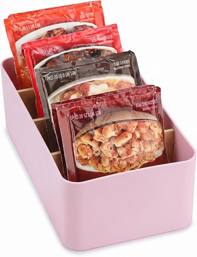 BSTKEY Seasoning Packet Organizer, Food Storage Organizer with Divided 4 Bamboo Wood Compartments, Pink Plastic Storage Caddy for Pantry Cabinet, Kitchen Organization Bin for Snacks Spice Packet