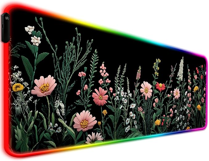RGB Pretty Wildflower Gaming Desk Mat, Computer Keyboard Large Extended Flowers LED Mouse Pad for Office and Home, 31.5×11.8 Inches, XL
