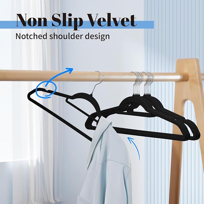 Smartor Black Velvet Hangers 60 Pack, Space Saving Clothes Hangers with Tie Bar, Non-Slip Felt Hanger with Shoulder Notches, Heavy Duty Suit Hanger for Coat, Shirt, Pants, Dress | Non-slip Felt, Shoulder Notches and 360° Hooks Keep Suits, Dresses and P...