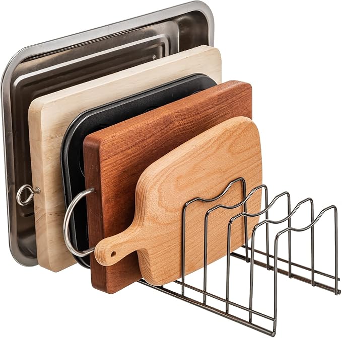 Pot Lid Holder Organizer, Kitchen Countertop Storage Rack Cutting Boards, Bakeware, Pots & Pans, Serving Trays, Reusable Containers in Cabinet Pantry, Stainless Steel