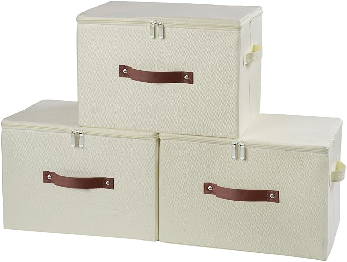 3 Pack Storage Bins with Zipper Lid Fabric Lidded Storage Boxes Baskets Cubes Washable Collapsible PU Leather Handle Cotton Linen Fabric Shelf Closet Organizer Container(Beige, Large Size)