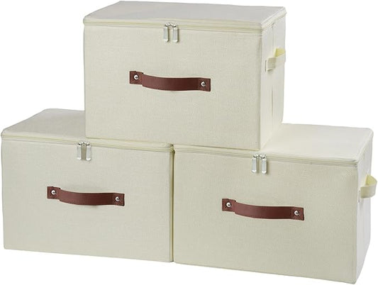 3 Pack Storage Bins with Zipper Lid Fabric Lidded Storage Boxes Baskets Cubes Washable Collapsible PU Leather Handle Cotton Linen Fabric Shelf Closet Organizer Container(Beige, Large Size)