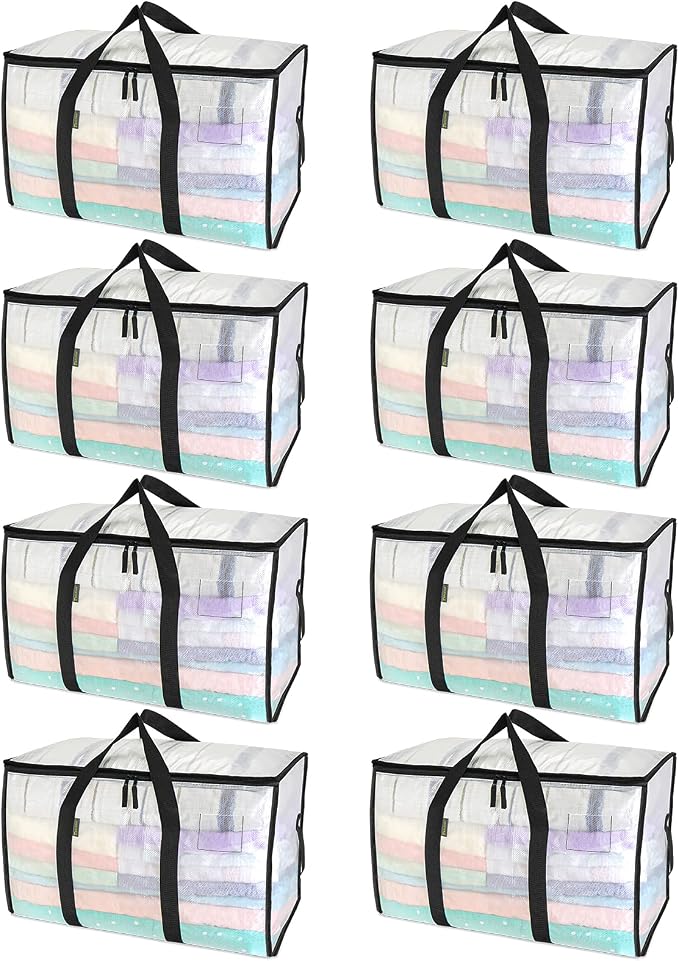 BALEINE 8-Pack Oversized Moving Bags with Reinforced Handles, Heavy-Duty Storage Tote for Clothes, Moving Supplies (Clear, 8-Pack)