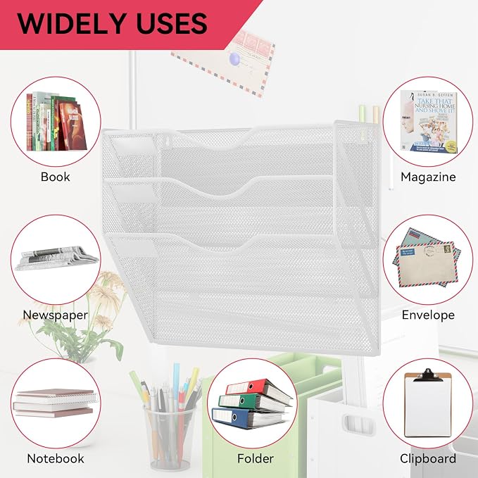 3-Tier Magnetic File Holder, No Drilling Wall File Organizer, File Folder Bins, Mail & Magazine Rack, Magnetic Paper Document Holder for Refrigerator File Cabinets Whiteboard, White