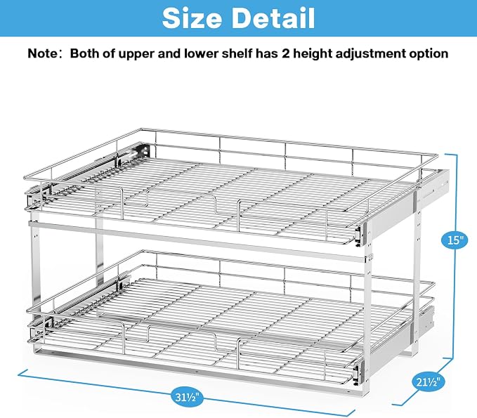 LOVMOR Individual Pull Out Cabinet Organizer, 2 Tier Slide Out Cabinet Drawers, Pots and Pans Organizer and Storage Pantry Shelf for Kitchen (31½" W x 21½" D)