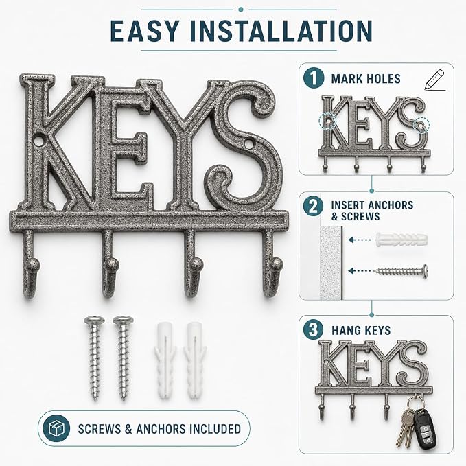 Comfify Gray Cast Iron Key Holder for Wall – Keys Sign with 4 Hooks | Neutral gray versatile finish; mounting hardware included; entryway, hallway or door; 6"H x 8"L; holds 8 keychains