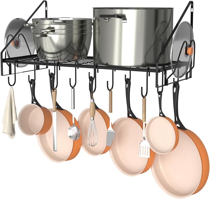 VyGrow 28 Inch Pot Rack Wall Mounted, Pots and Pans Organizer with 12 Hooks and 2 Pot Lid Holders, Heavy Duty Steel Pot and Pan Hanger for Kitchen Cookware Utensils Storage 34.7" Lx13 Wx12.6 H