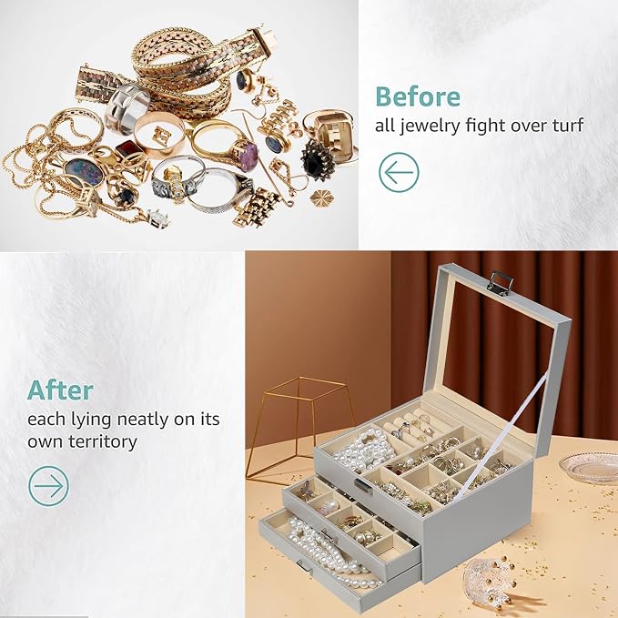 BOOVO Clear Lid Jewelry Box,3 Layers Jewelry Organizer Large Jewelry Storage Box with 2 Drawers,Jewelry Holder Organzier of Rings Earrings Necklace Bracelets for Women (Grey, 3 Layer)