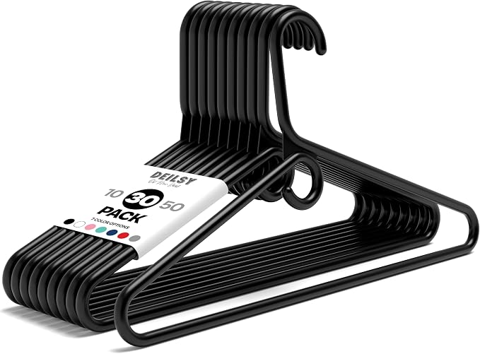 DEILSY™ Black Heavy Duty Hangers with Hooks for Scarves & Belts – Thick and Strong Clothes Hangers for Shirts, Jackets, Pants, and Dresses – Space-Saving Plastic Hangers – Pack of 30