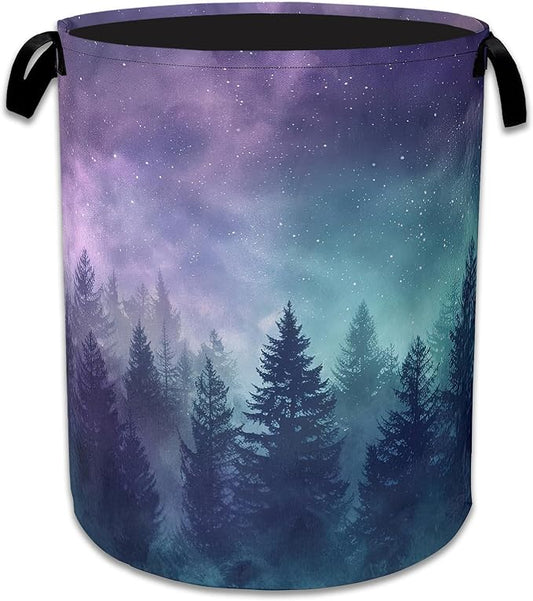 Starry Sky Forest Large Storage Basket Collapsible Laundry Basket Oxford Storage Bin for Gift Baskets Bedroom Clothes Hamper 16" X 20.8"