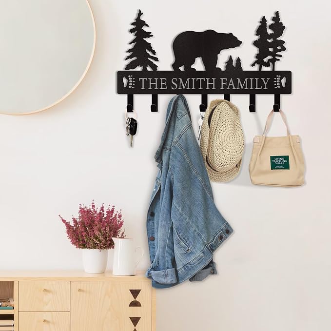 Dyoart Personalized Key Holder for Wall, Custom Metal Black Bear Coat Hook Key Holder with Name, Metal Key Rack Hanger Organizer for Entryway, Front Door, Hallway, Kitchen, Office Decor