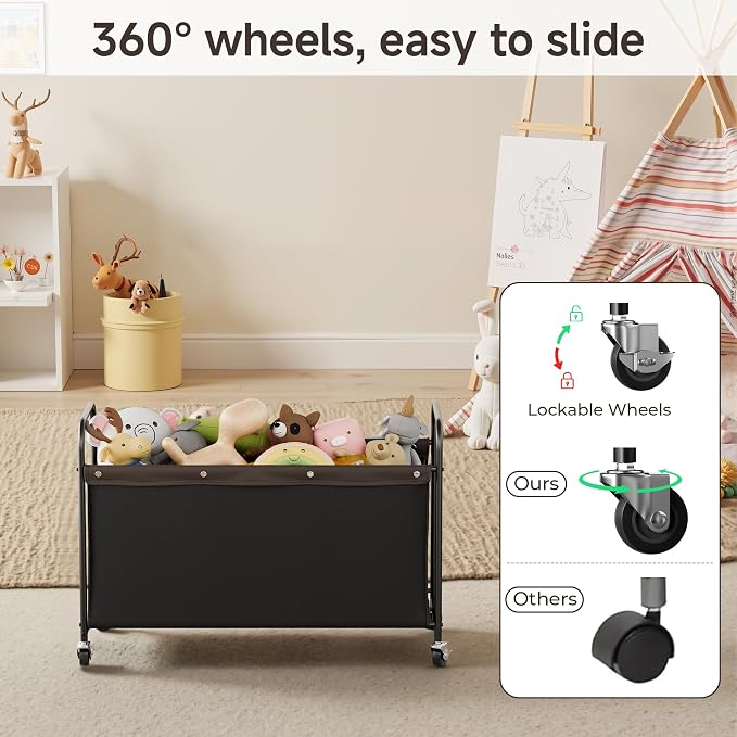 StorageWorks Toy Box with Wheels for Kids, 135L Large Toy Storage Chest and Organizer, 23" Metal Toybox with 360° Swivel Wheels for Bedroom, Kids Room, Stuffed Animal Storage, Black