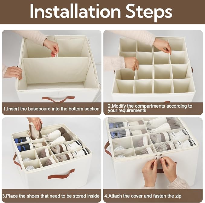 VZZNN 2 Pack Shoe Organizer for Closet, Foldable Shoe Storage Bins with Clear Cover and Adjustable Dividers, Fits up to 16 Pairs, Large Shoe Box Storage Containers with Reinforced Handles (Beige)