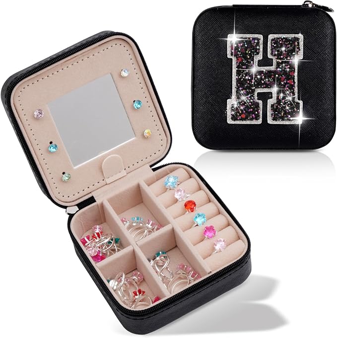 Uygafly Monogrammed Gifts for Women - Jewelry Case for Women Trendy Jewelry Box Fashion Cute Jewelry Organizers and Storage Aesthetic,Travel Essentials Birthday Gifts for Girls Women | Black,H