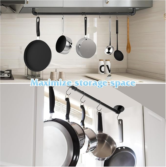 38.5 inch Pot Rack Wall Mounted Detachable Pan Rack Organizer Industrial Pipe Hanging Rail Lids Utensils Hanger Holder for Kitchen with 10 S Hooks, Black…