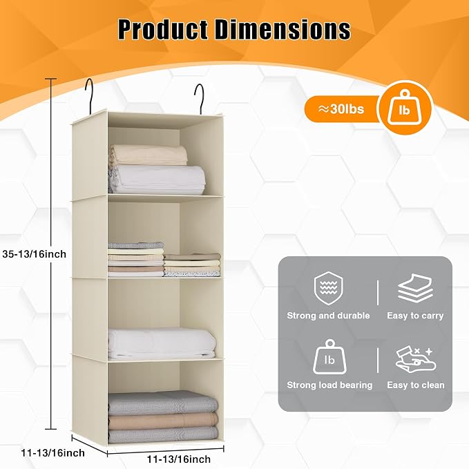Hanging Closet Organizer 4-Shelf, Oxford Fabric Wardrobe Storage, Beige | Easy-mount foldable design holds clothes, handbags, shoes & accessories; washable Oxford fabric, sturdy and space-saving.