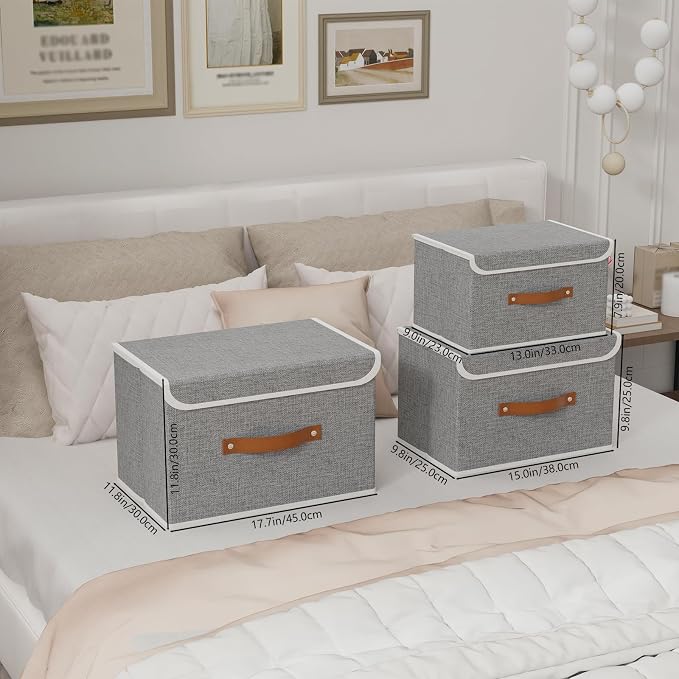 Yawinhe Storage Bins with Lids, Closet Baskets, Washable and Leather Handle, Collapsible Boxes for Home, Grey, 17.7''Lx11.8''Wx11.8''H, 1-Pack, USNK024GX-1