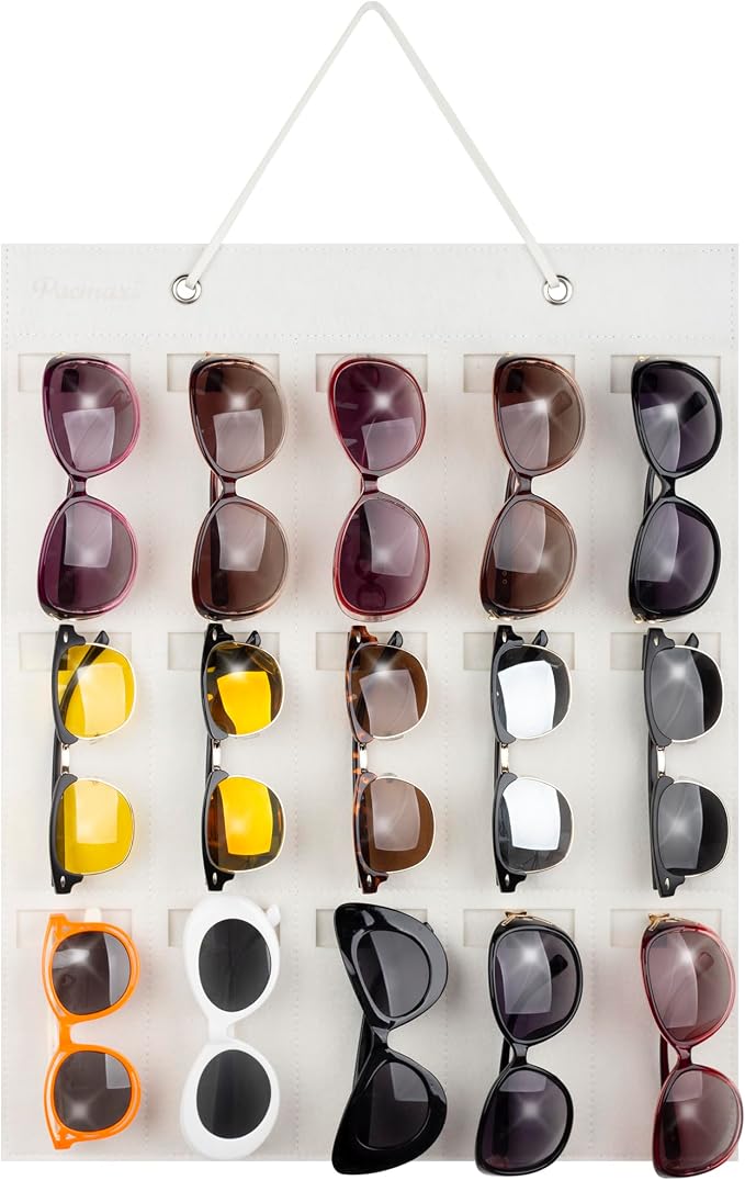 PACMAXI Sunglasses Storage Organizer, Wall Pocket Mounted by Sunglasses, Hanging Eyeglasses Storage Holder, Eyewear Display. (Ivory white, 15 Slot)