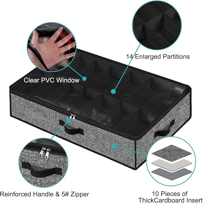 Under Bed Shoe Storage Organizer for Closet 2 Pack- Fits 32 Pairs Underbed Shoes Container Boxes Black