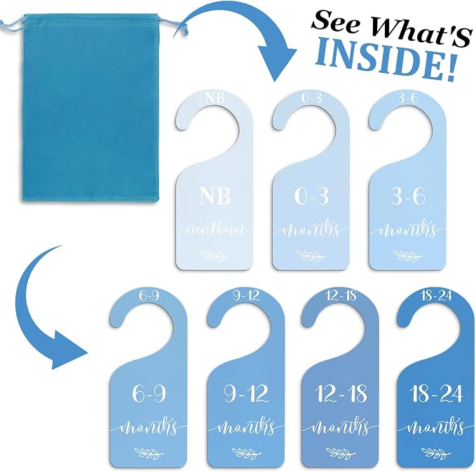 Whaline 7 Pcs Blue Wood Baby Closet Size Dividers with Velvet Bag Newborn to 24 Month Thicken Infant Wardrobe Hanger Organizers for Home Nursery Party Favors Supplies
