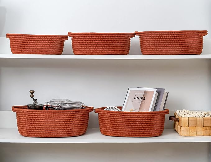 CubesLand Small Storage Basket Cotton Rope Organizer Baskets for Shelves | Set of 5 Decorative Closet Storage Bins with Handle for Countertop, Toilet Paper Basket for Toilet Tank Top, Rust Basket