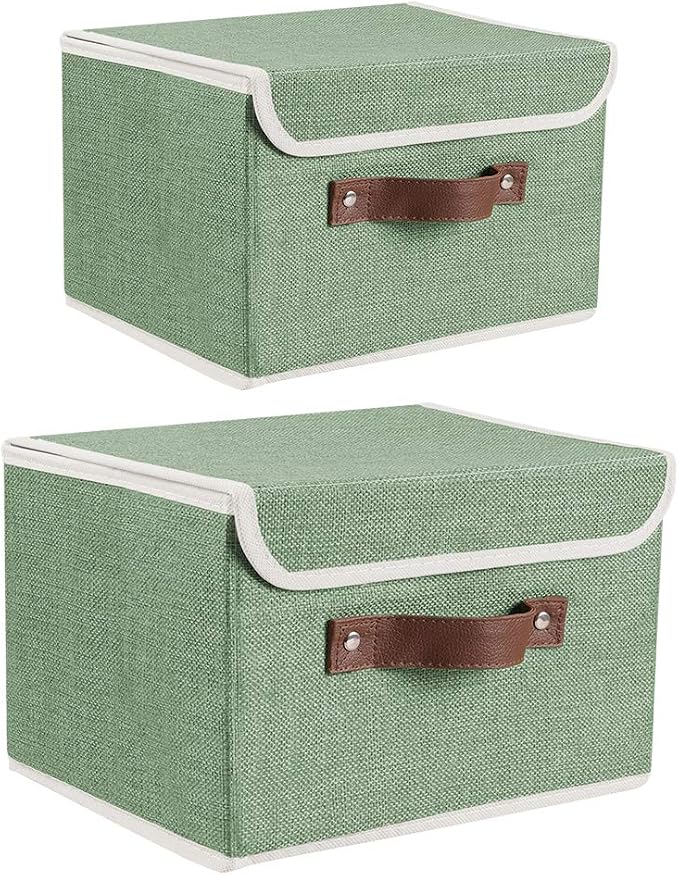 2Pack Storage Bins Boxes with Lids 10" x 8" x 7" Decorative Storage Baskets | Cotton Linen Fabric, Collapsible, Faux Leather Handles, Storage Cubes, Closet Shelf Clothes Organizer Container, Green