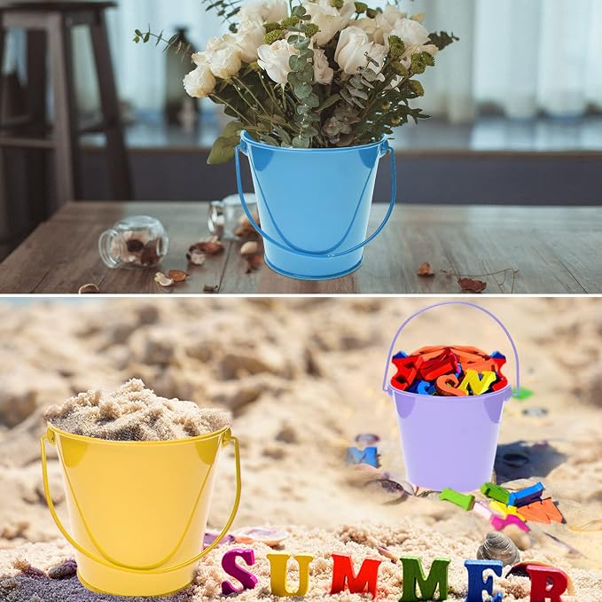 Small Metal Buckets with Handle, 6 Pack 4.3 inch Colored Galvanized Bucket for Kids,Classroom,Crafts,and Party Favors (Multi-Colored, 4.3" Top)