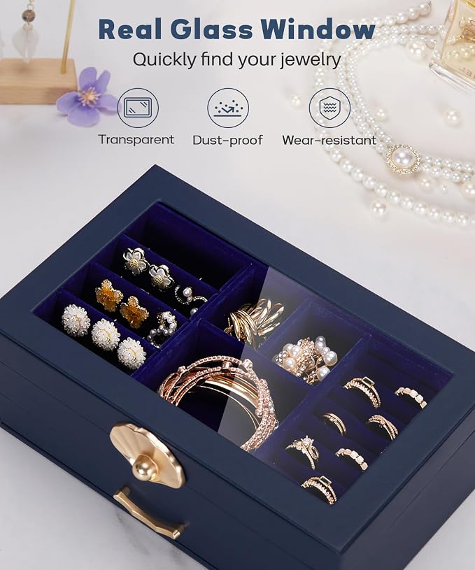 Enthralite Modern Jewelry Organizer for Women: 2-Layer Box with Clear Lid | Space-Saving Design for Elegant Vanity Order - Storage for Ring Earring Necklace Bracelet - Suits Women Who Value Style