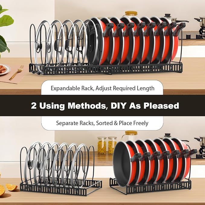 Housolution Pot and Pan Organizer Rack for Cabinet, Expandable Pot Lid Organizer Holder with 14 Adjustable Dividers, Fully Expanded Size 22.83" W x 7.09" D x 7.09" H, Black