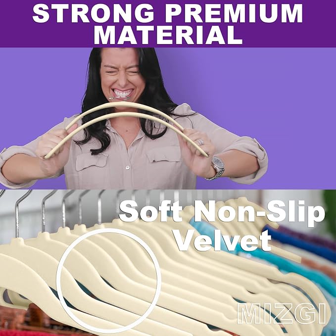 MIZGI Premium Velvet Hangers (50 Pack) - Heavy Duty, Non Slip Felt - Ivory, Chrome Hooks, Space Saving Suit Hangers